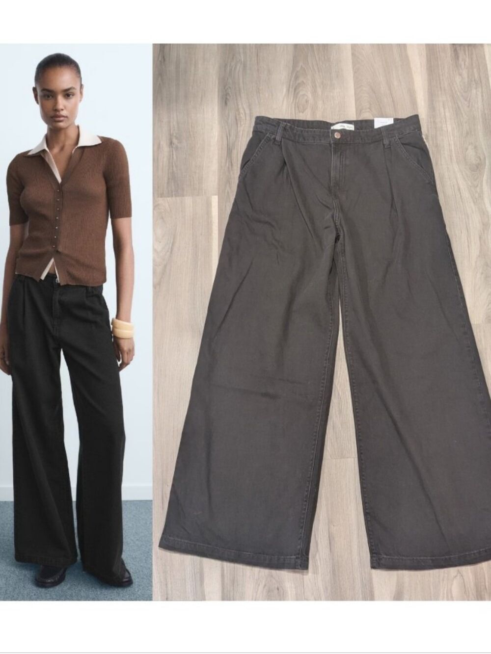 Mango | Wide Leg Pleated Jeans In Washed Black Denim